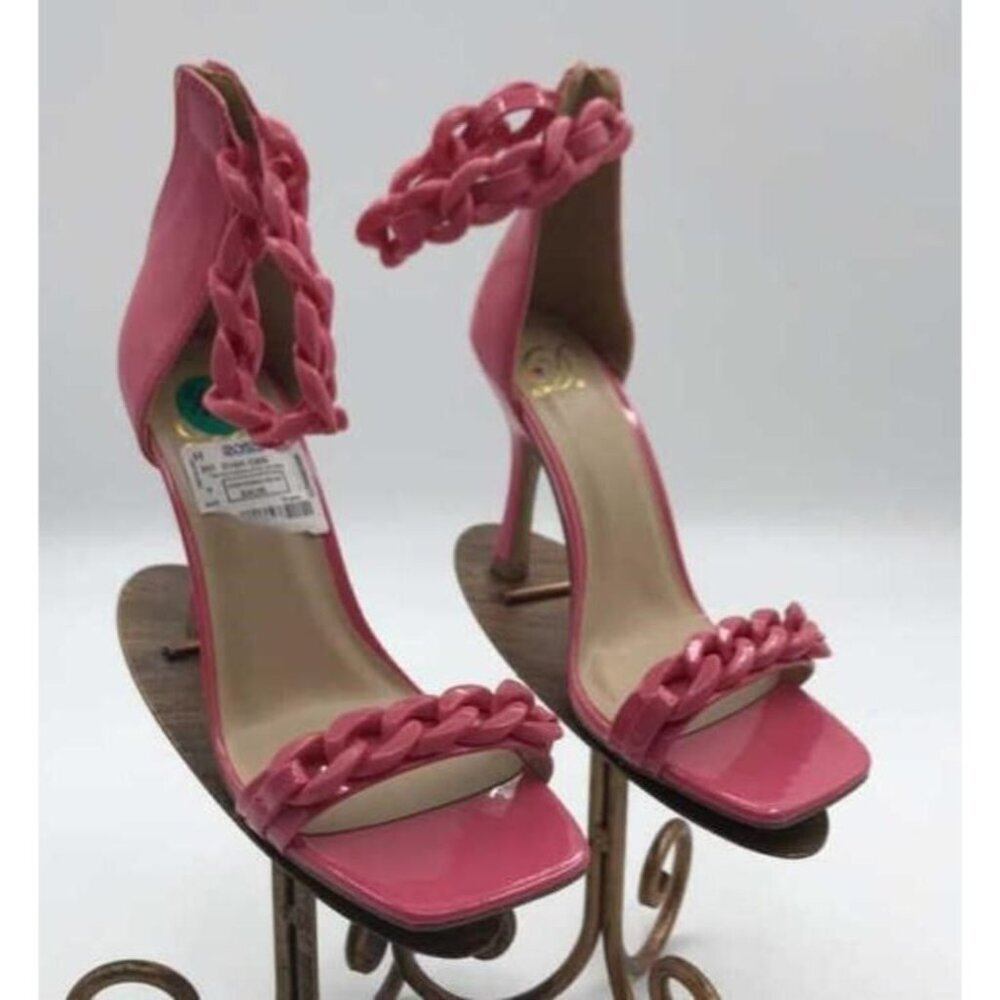Pink Vegan Leather Ankle Chain Embellished Open Square Toe Back Zip Heels Sandal